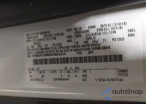 2019 Ford Transit-150 Xl z USA, uszkodzony, nr VIN 1FMZK1ZM9KKB63214